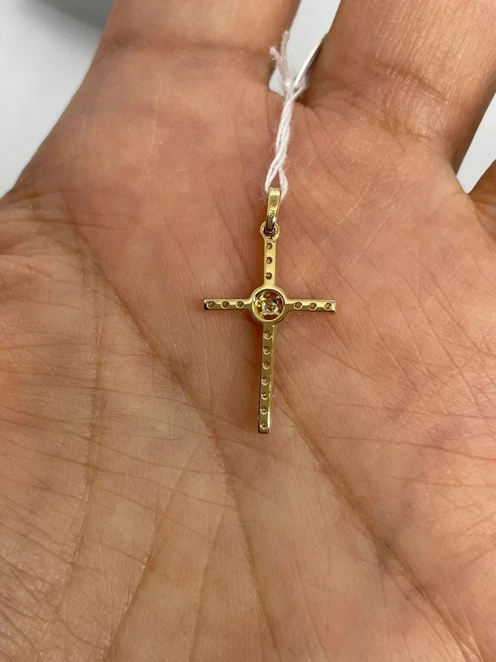 1.00Ct Round Cut Real Moissanite Women’s Cross Pendant 14K Yellow Gold Plated
