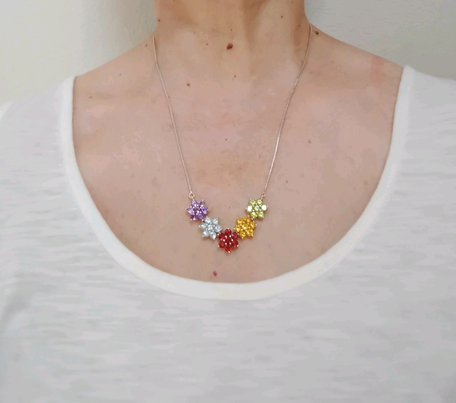 Thai Sterling Silver 925 Multi-Gem Floral Necklace Garnet Amethyst Topaz 20.5″
