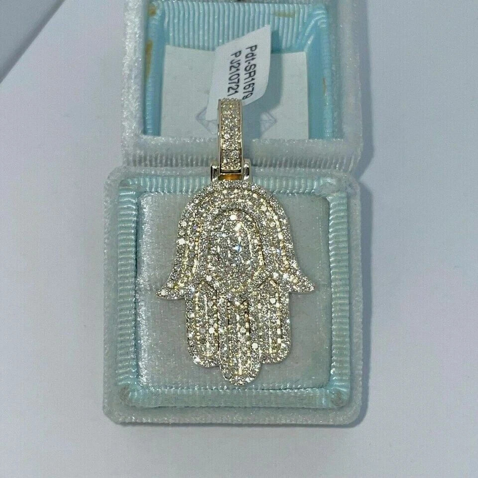 3Ct Round Cut Moissanite Hamsa Pendant Real 10K Yellow Gold Free Chain