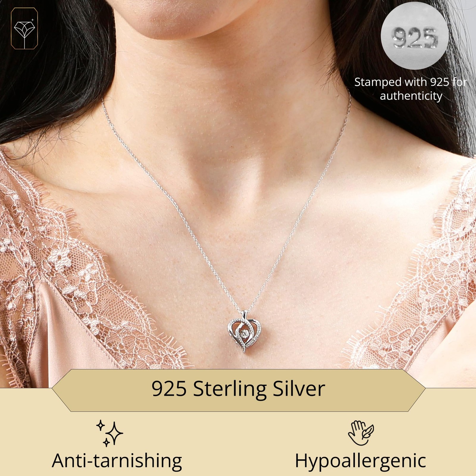 925 Sterling Silver Miraculous Love Dancing Diamond Heart Pendant Necklace