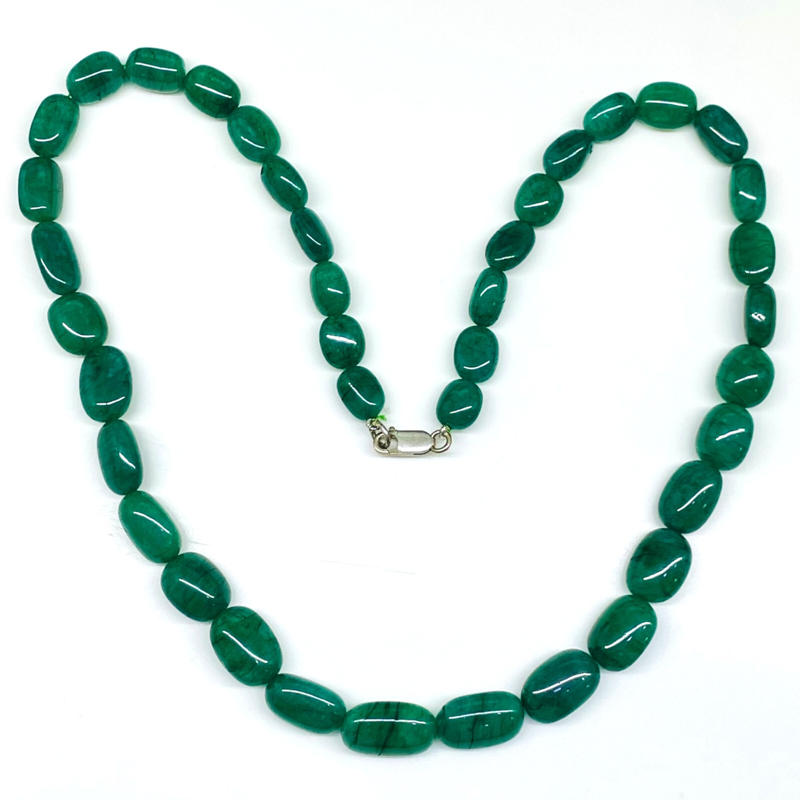 18 Inch Single Strand Natural Emerald 8.5-11.5mm Tumble Beads Necklace 925 Clasp