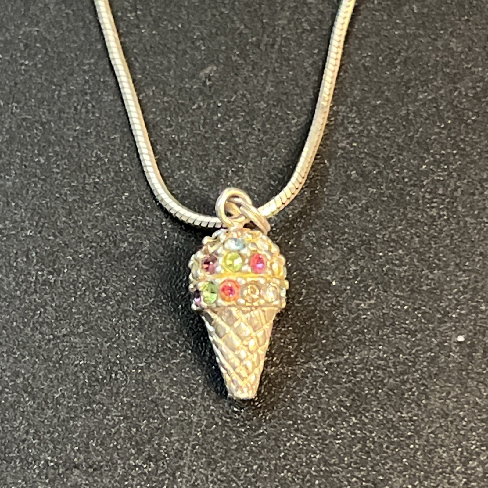 Ice Cream Cone Crystal Gemstone Charm Pendant Necklace 18″ Chain Sterling Silver