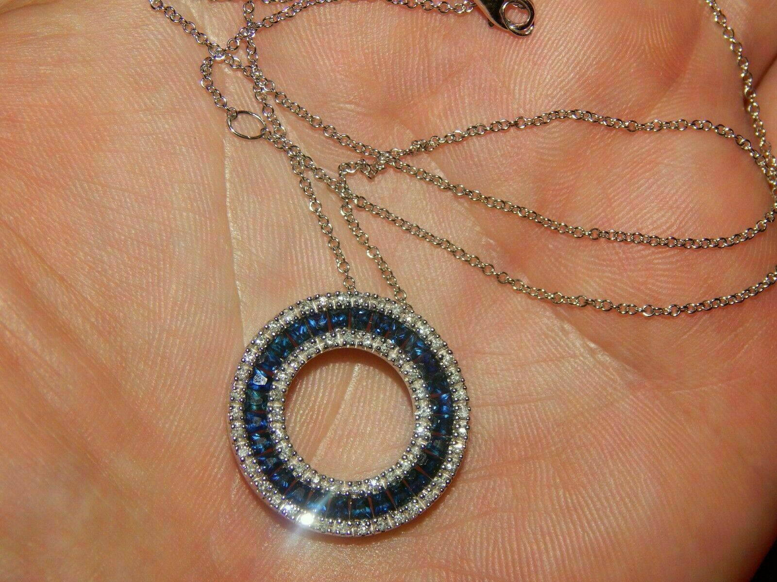 3Ct Princess Cut Blue Sapphire Round Pendant 14K White Gold Finish Free Chain