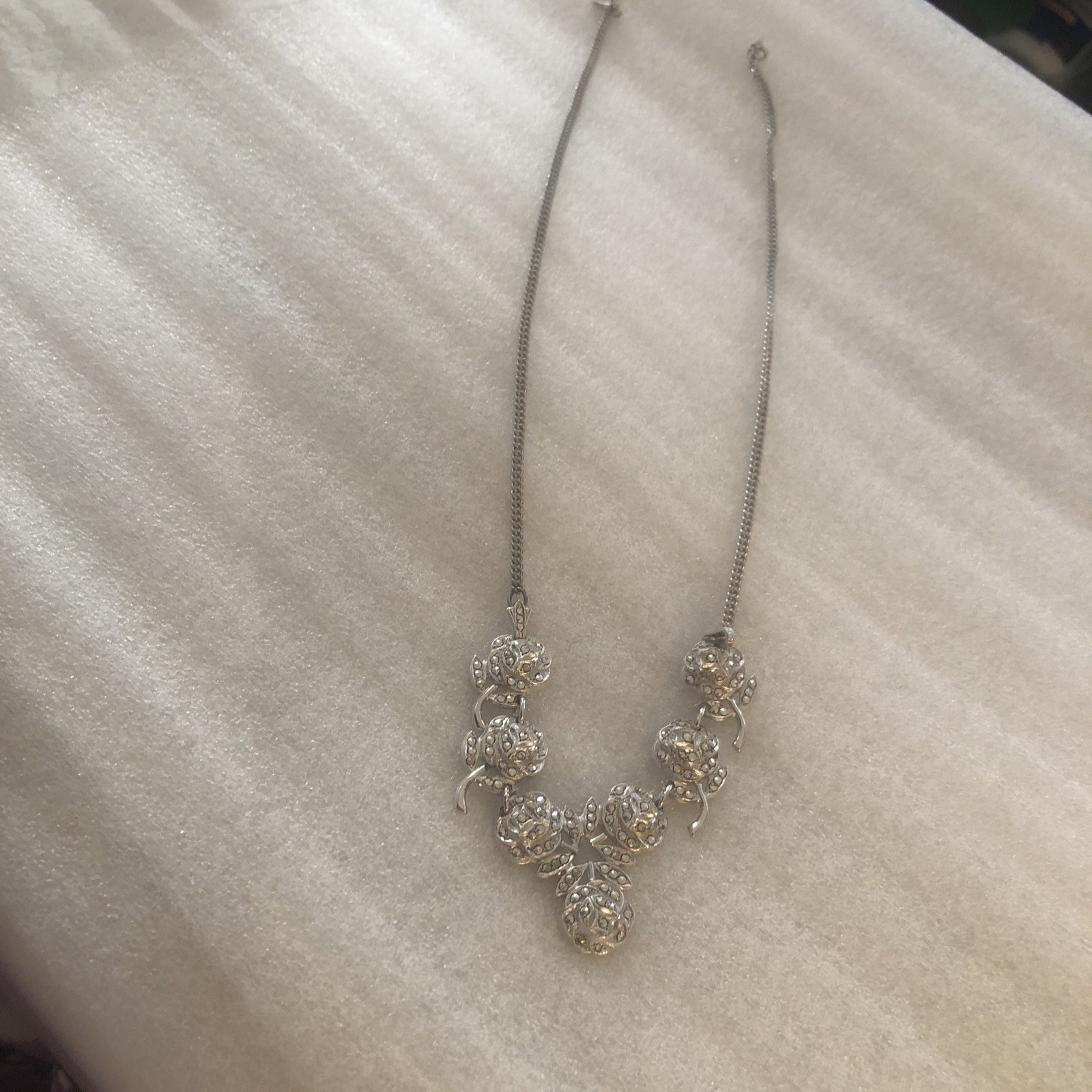 Sterling Silver Flower Necklace With Marcasite Gorgeous 17 Inches Long