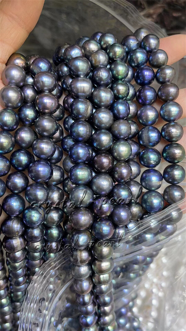 Gorgeous 9-8 mm AAA tahitian Peacock blue pearl necklace 30 inch 14k gold