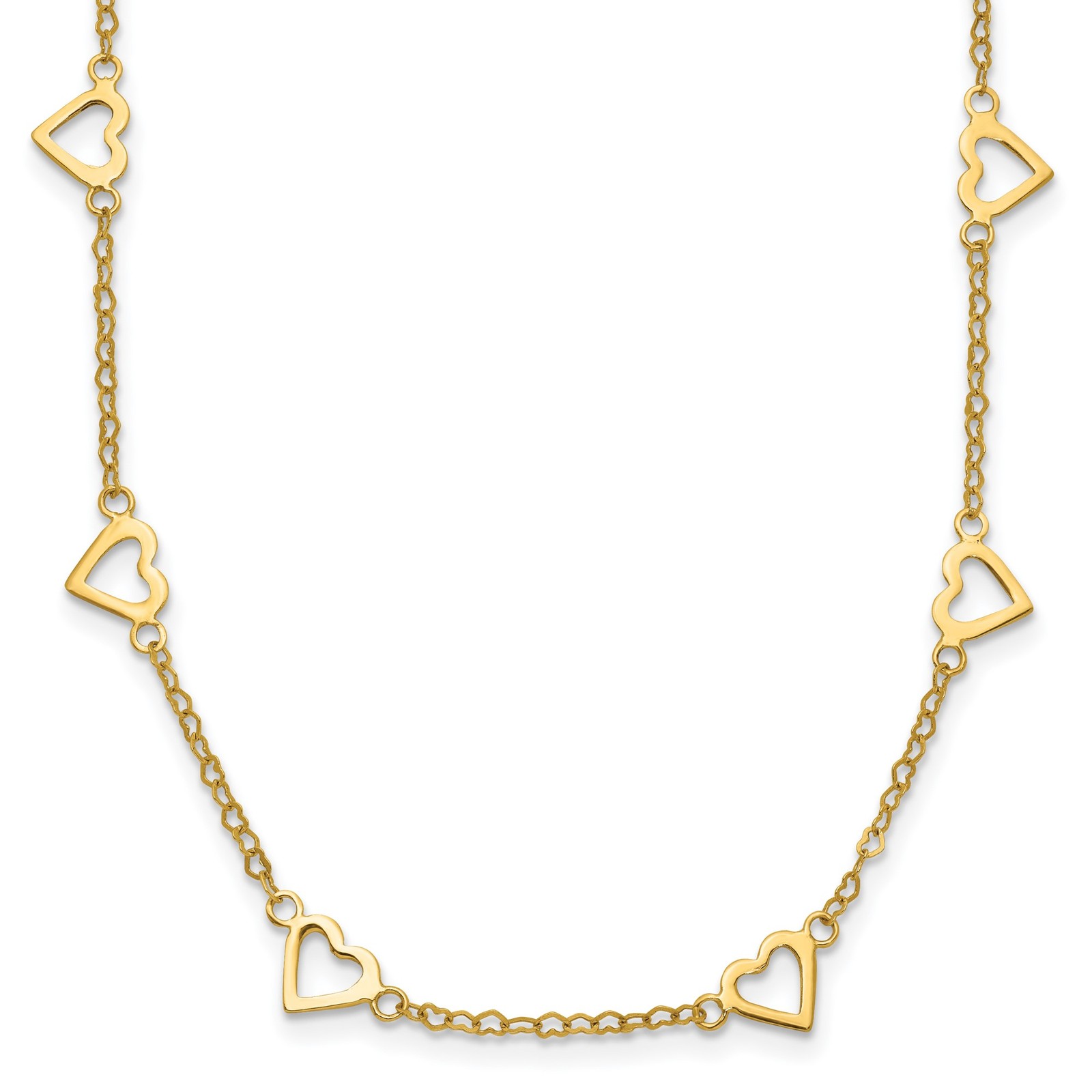 14K Polished Open Hearts with Heart Link Chain 18 inch Station Necklace Womens