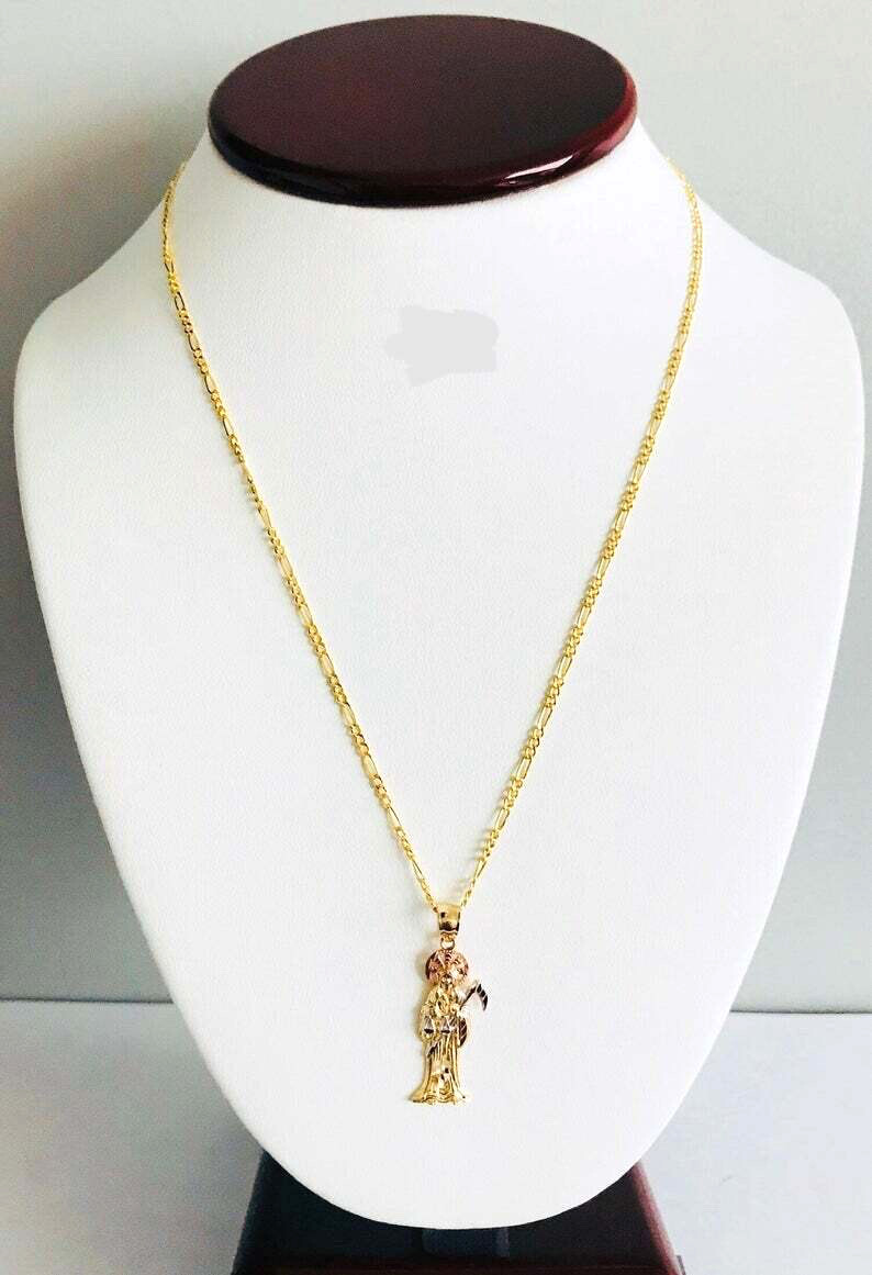10K Solid Gold Santa Muerte Pendant – 2.2″ 10K Real Gold Grim Reaper – PA15