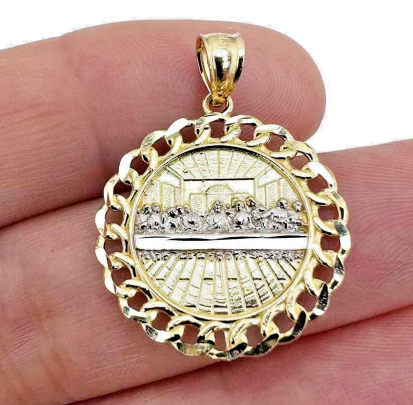 10K Real Gold Yellow White 2-Tone Miami Cuban Textured Last Supper Pendant 1.1″