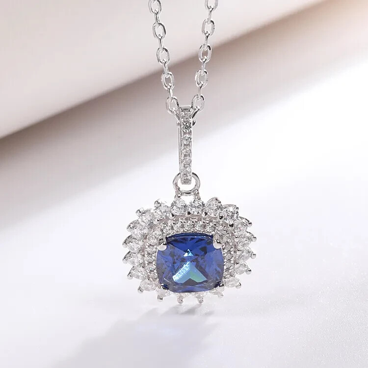 2Ct Cushion Shape Sapphire Solitaire Pendant Free Chain 14k White Gold Finish