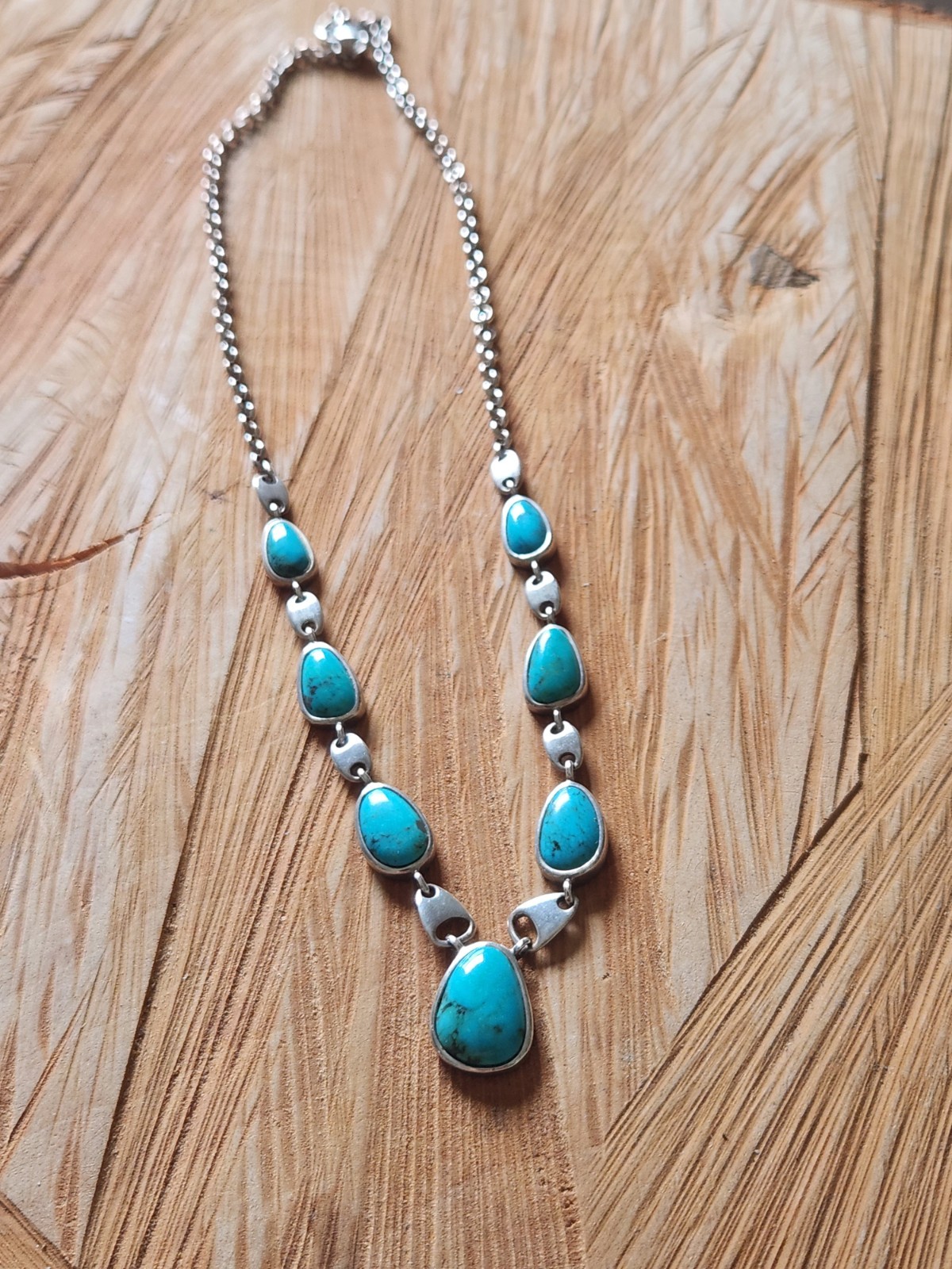 Vintage Sterling 925 Turquoise Station Necklace 18 Inches In Satin Box18g