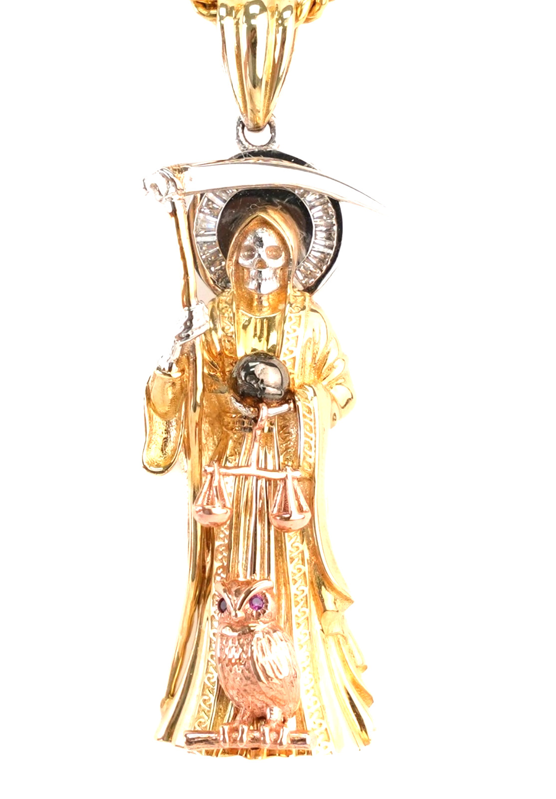 10K Tri-Color Gold Santa Muerte Pendant 2″ Italian CZ Santisima Muerte Authentic