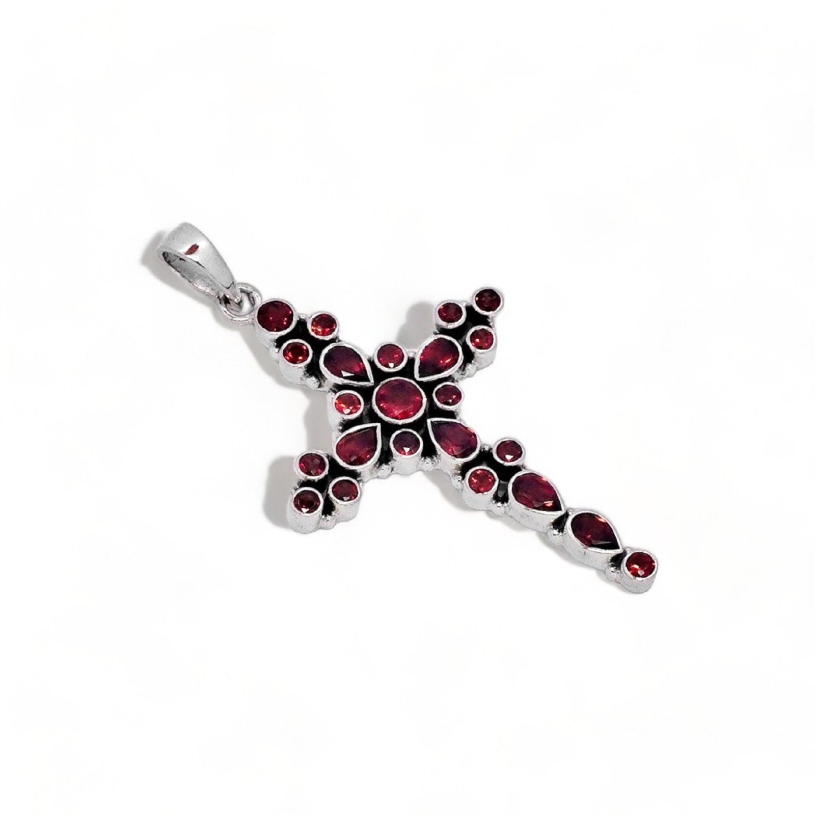 Natural Garnet Cross Pendant Sterling Silver 925 Christian Jewelry Gift