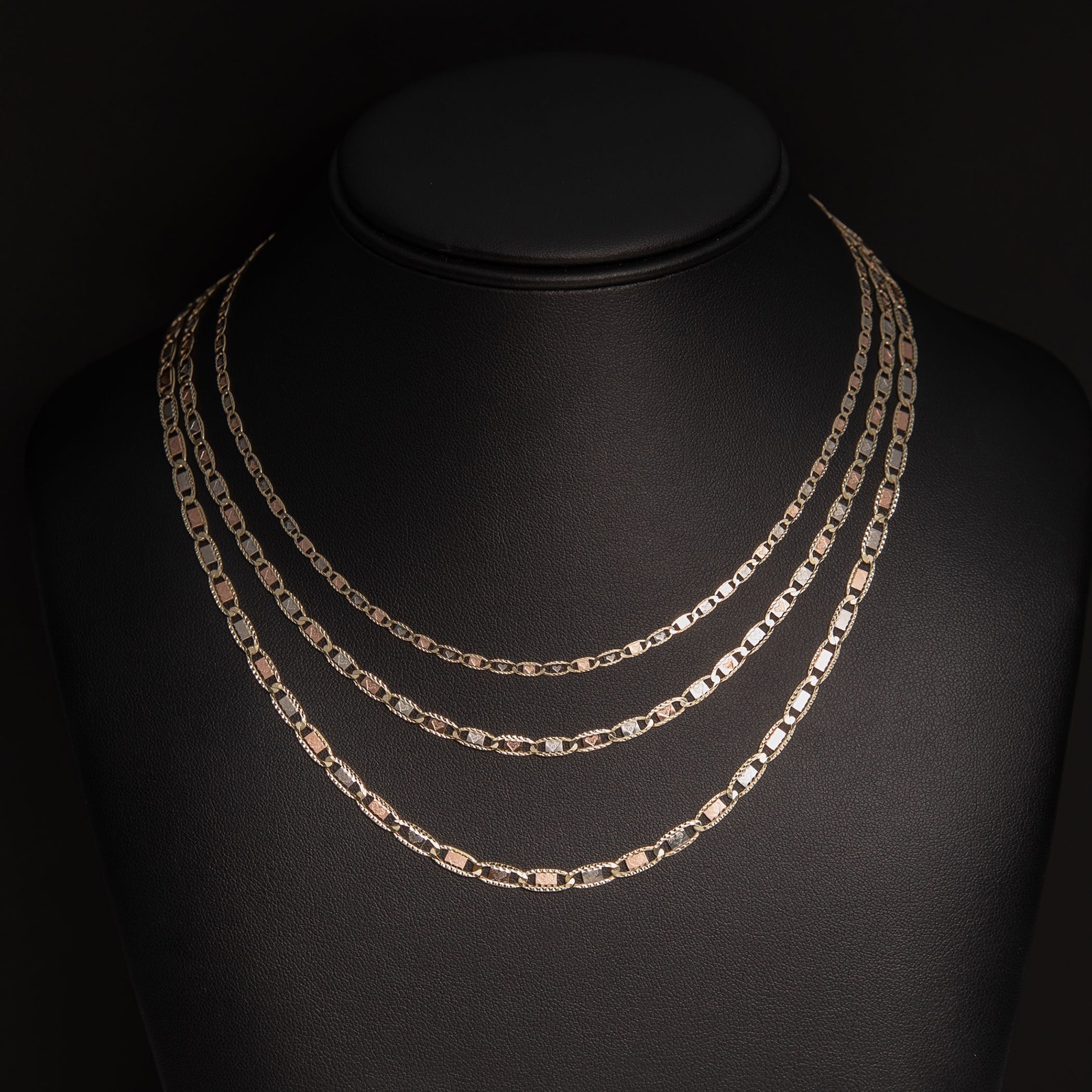 10K GOLD Heart Textured Valentino Link Chain Necklace Tri-Color Gold All Sizes