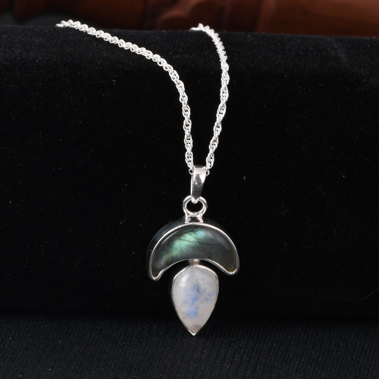 925 Sterling Silver Labradorite & Moonstone Necklace Crescent Jewelry for Gift
