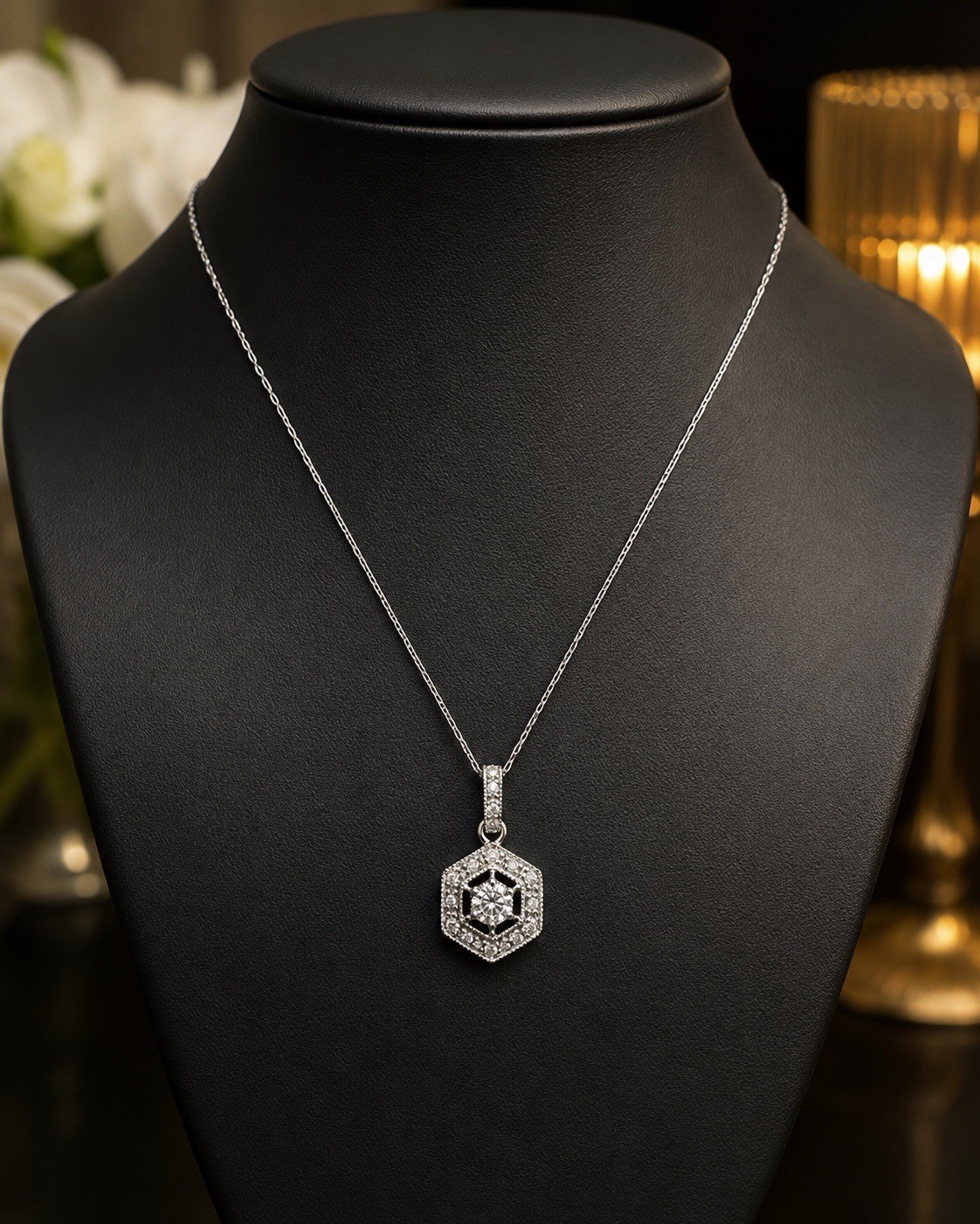Vintage 14K White Gold Diamond Hexagon Halo Necklace Art Deco RJM Fine Jewelry