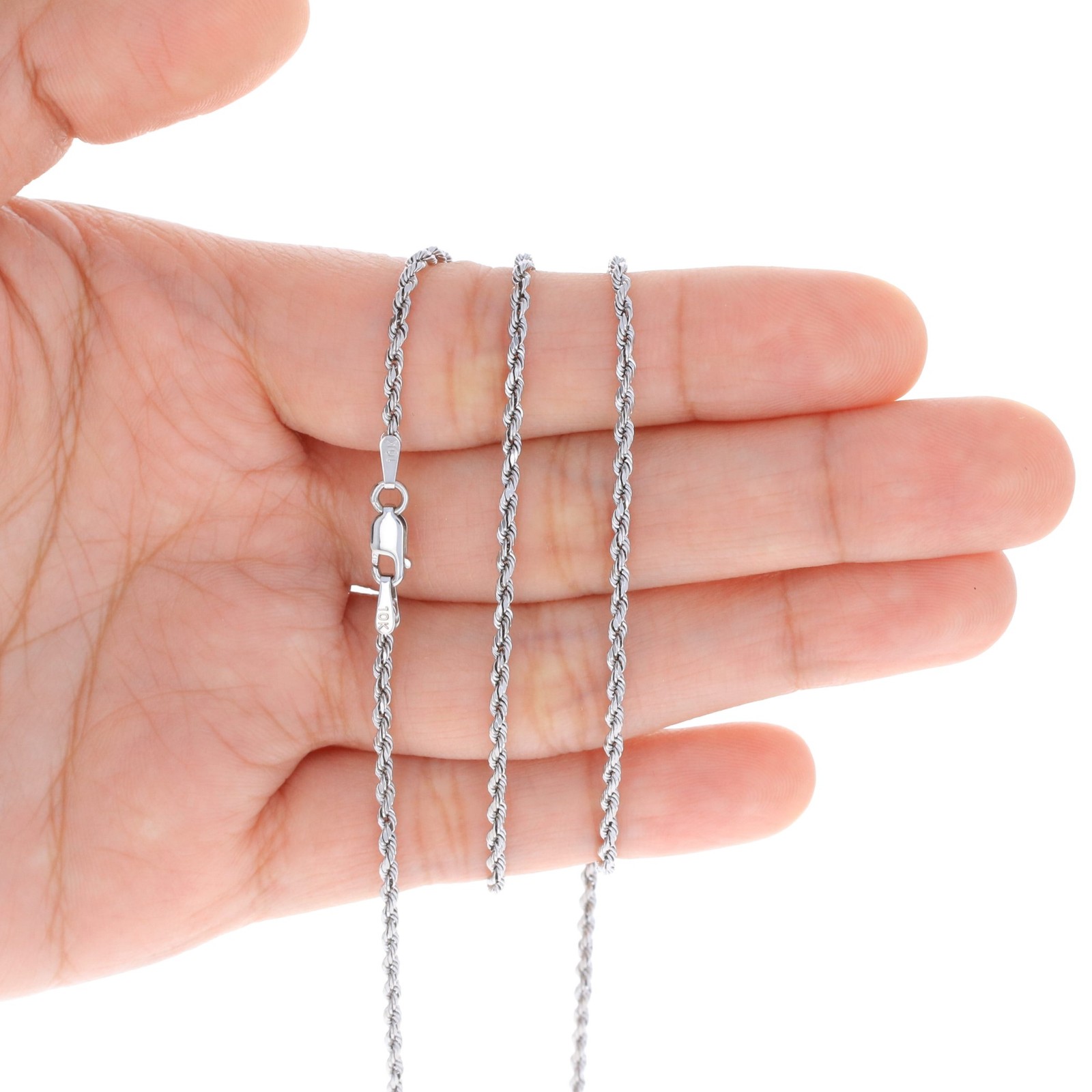 10K White Gold 2mm Diamond Cut Rope Chain Pendant Necklace Mens Women 16″- 30″