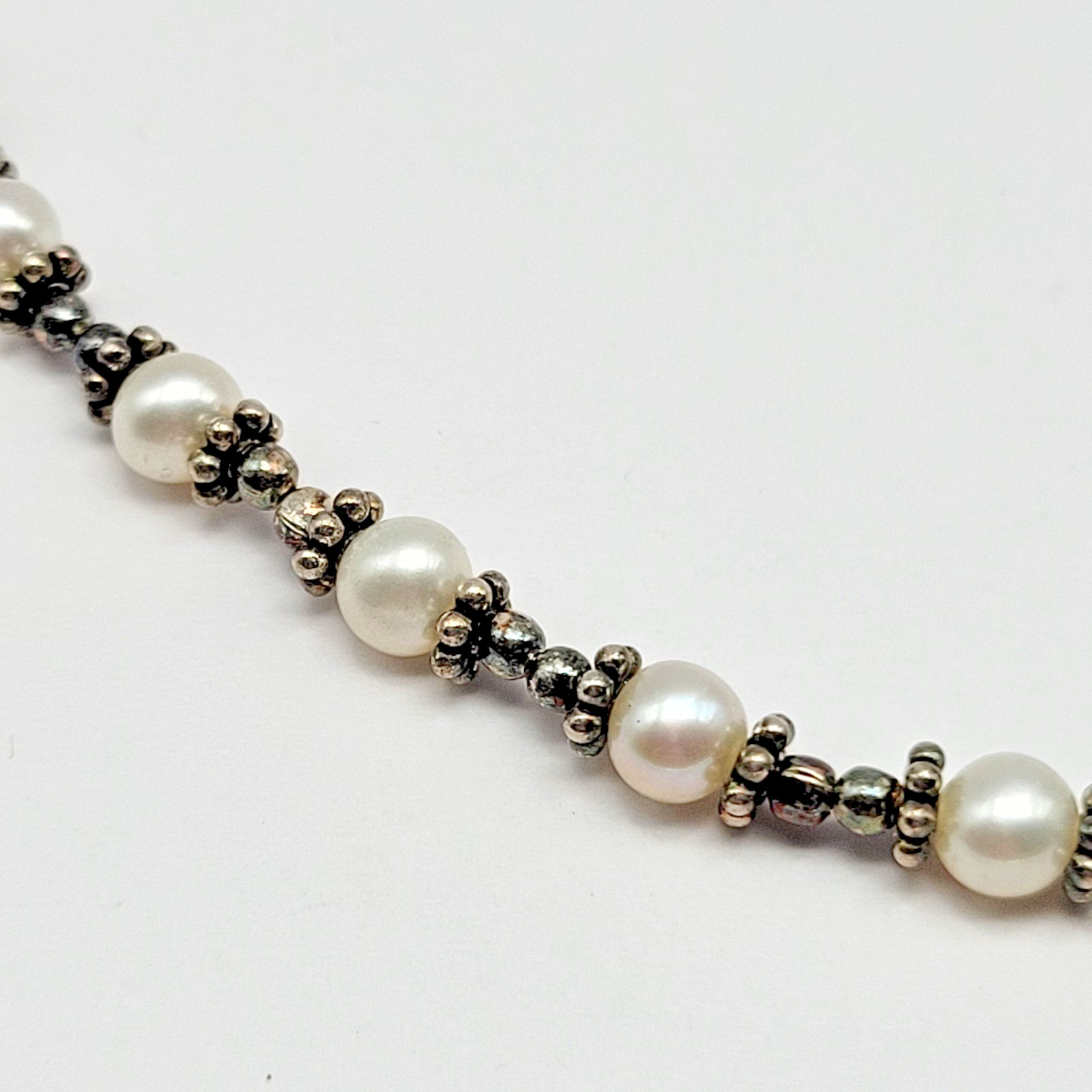 Sterling Silver 4mm Cultured Freshwater Pearl Bali Bead Station Necklace ~ 16″