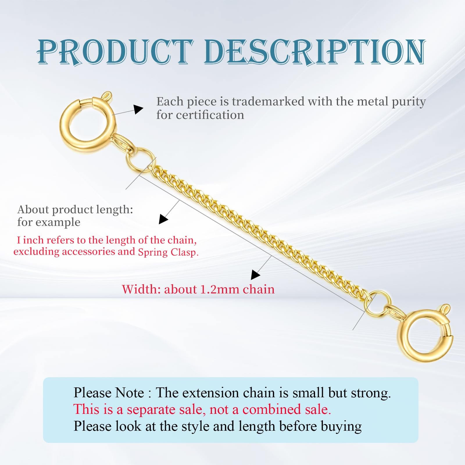 1″/2″/3″/4″/5″ Necklace Extender Chain with Double Spring Clasp 14K Yellow Go…