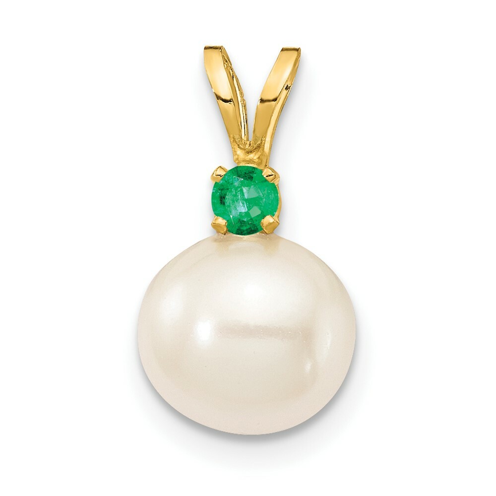 14K Yellow Gold Emerald 8-8.5mm White Round Freshwater Cultured Pearl Pendant