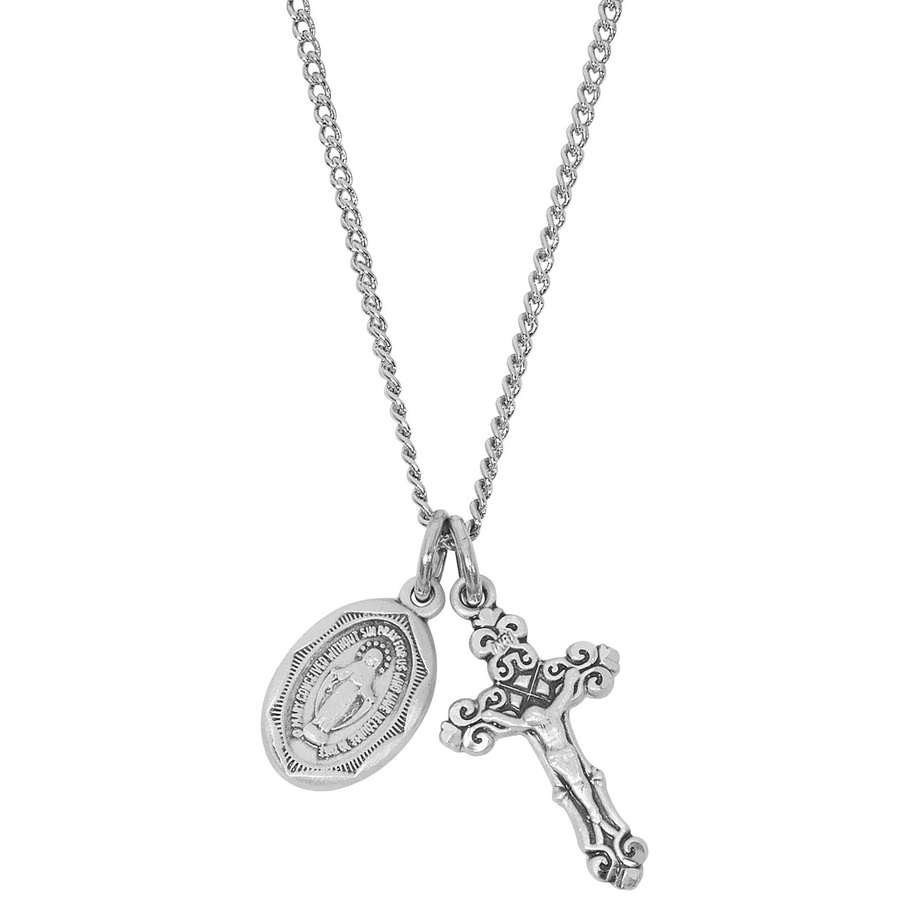 Sterling Silver Miraculous Medal and INRI Crucifix Double Pendant Necklace