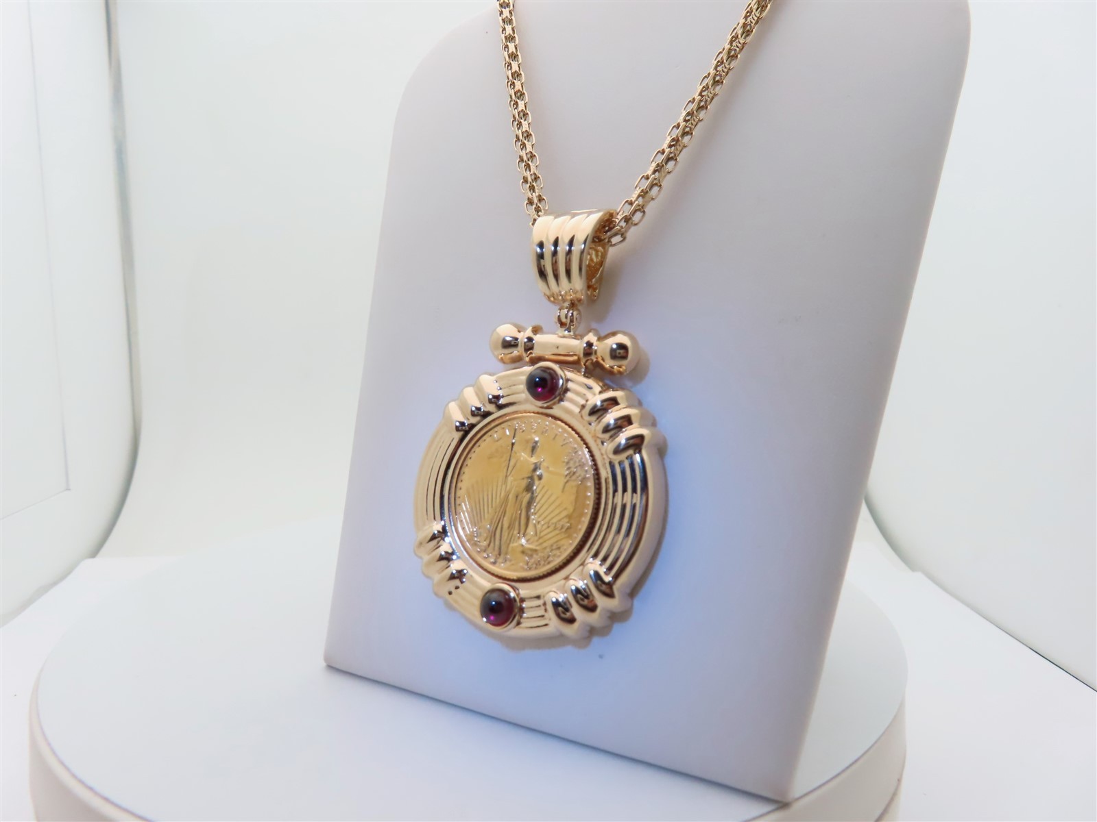 1997 Gold Eagle Coin Bullion Necklace $10 1/4 oz 14k Red Garnet Pendant 23″ N446