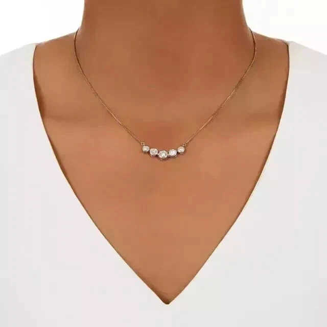 3 CT Round Cut White Moissanite Women’s 5 Stone Necklace 14K White Gold Plated