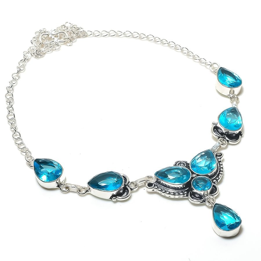 Swiss Blue Topaz Gemstone Handmade 925 Sterling Silver Jewelry Necklace Sz 18″