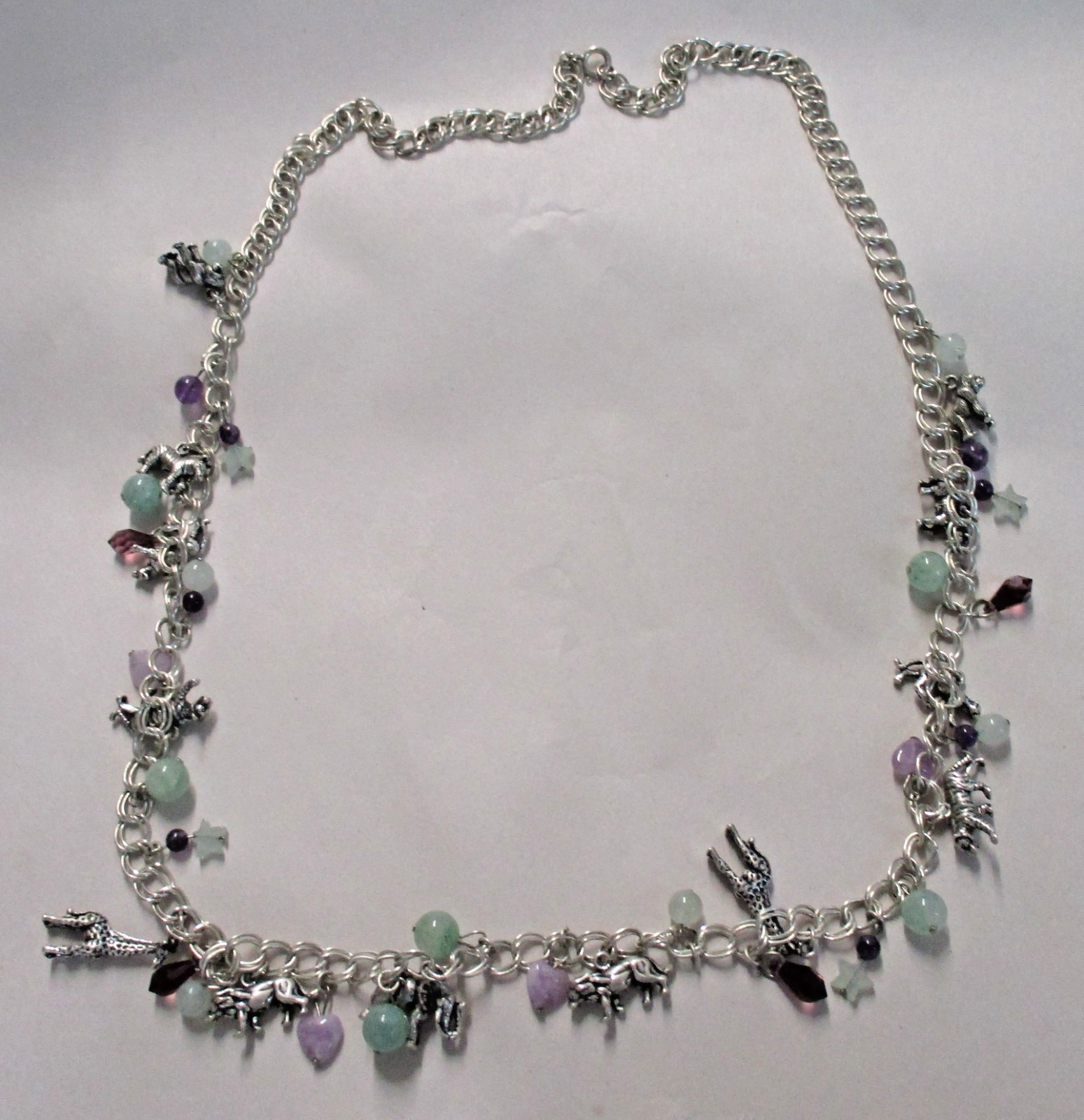 STERLING NECKLACE WITH COLORED STONES & ZOO ANIMALS 18″