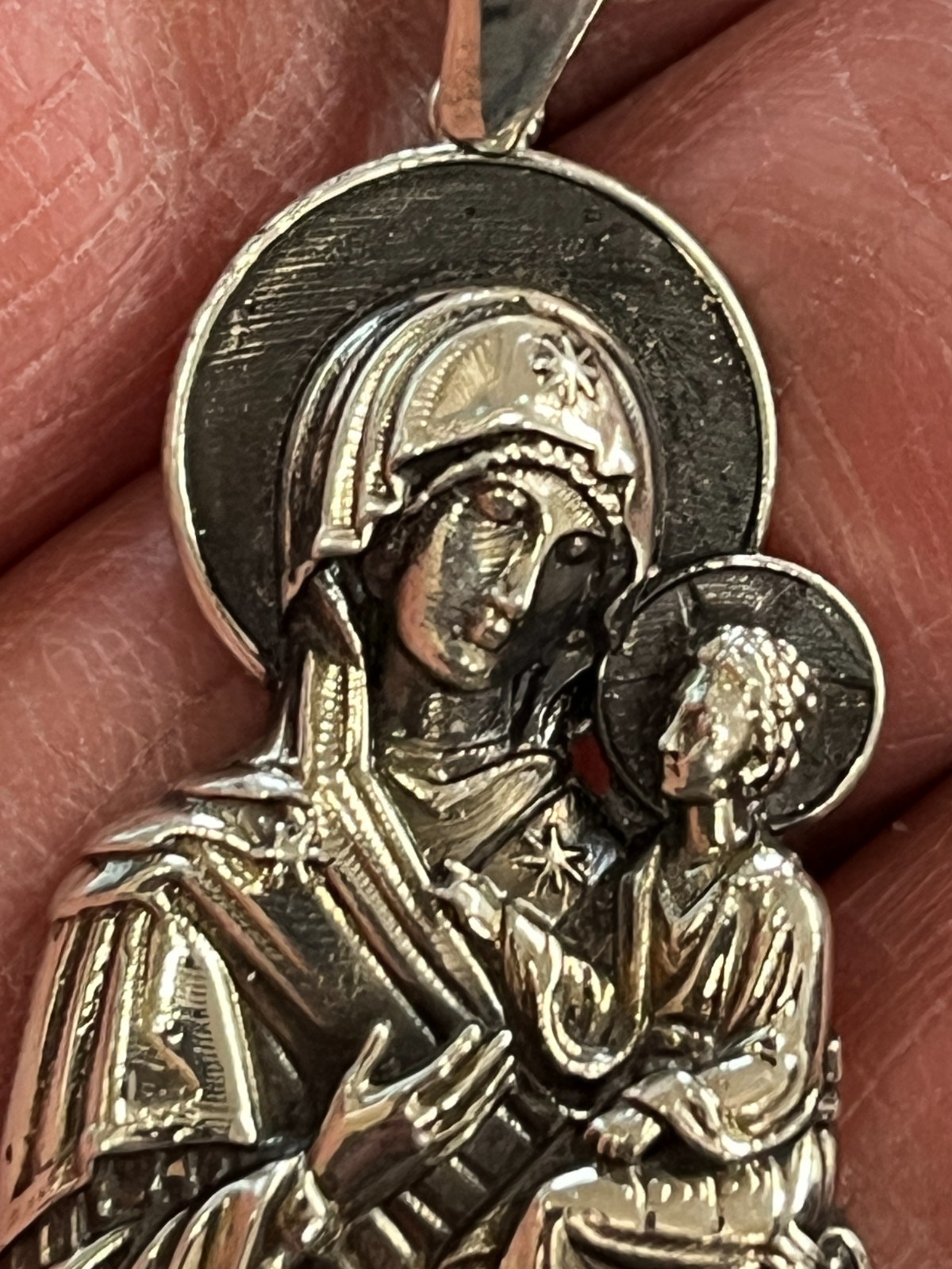Virgin Mary Blessed Mother and Jesus Lady Theotokos Icon 1.5″ Pendant Silver 925