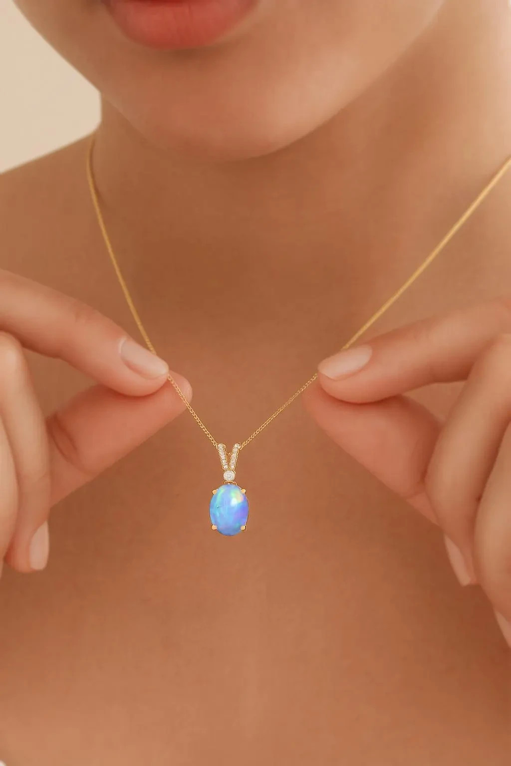 Blue Opal Gemstone Oval Charm Pendant Necklace, Natural Opal Gemstone Necklace