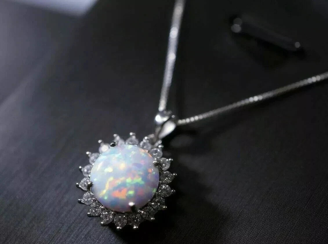 2Ct Round Cut Fire Opal Halo Women’s Pendant 14K White Gold Over 18″ Free Chain
