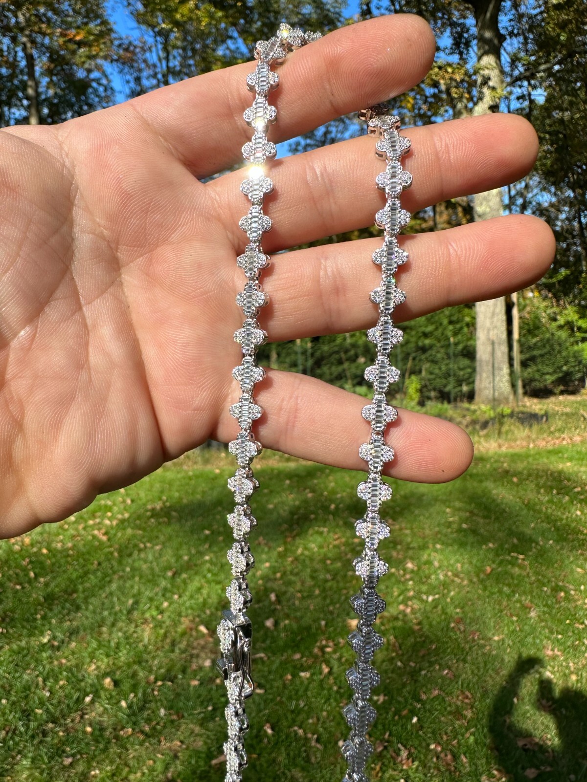 Real Iced MOISSANITE Baguette Clover Tennis Chain Necklace – VVS D Color 8mm