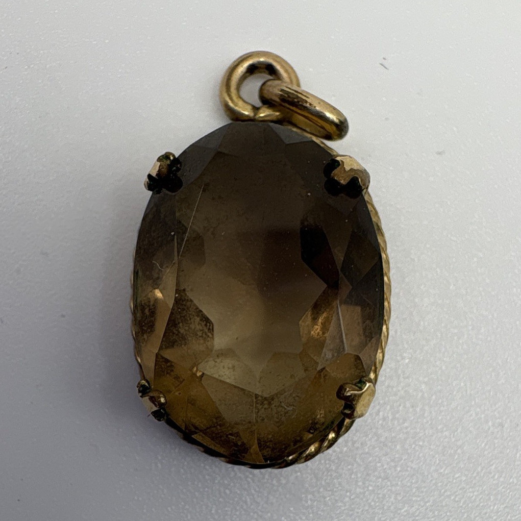 10k Yellow Gold Filled Smoky Quartz Oval Prong Set Pendant Charm Signed