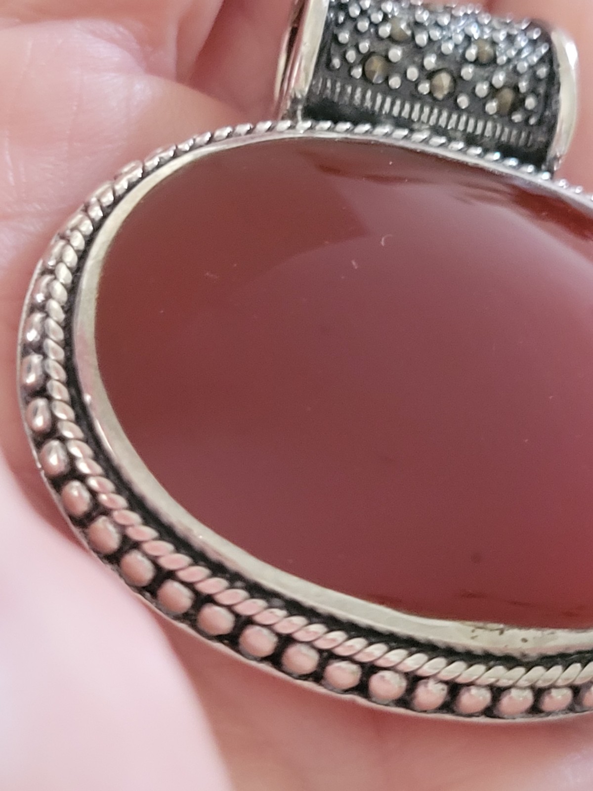 FINE CARNELIAN OVAL PENDANT, STERLING/ LARGE ROUND MARCASITE BALE