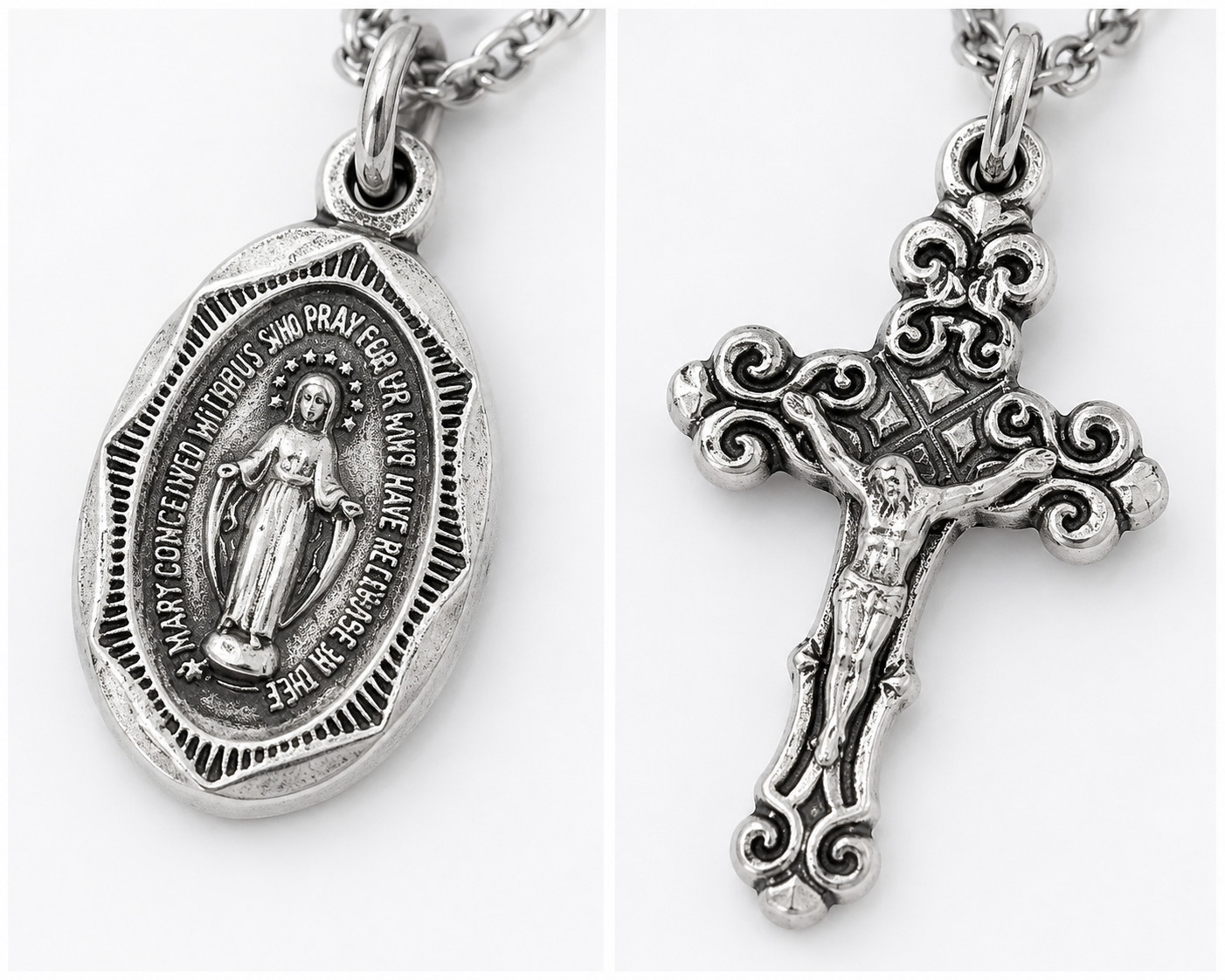 Sterling Silver Miraculous Medal and INRI Crucifix Double Pendant Necklace