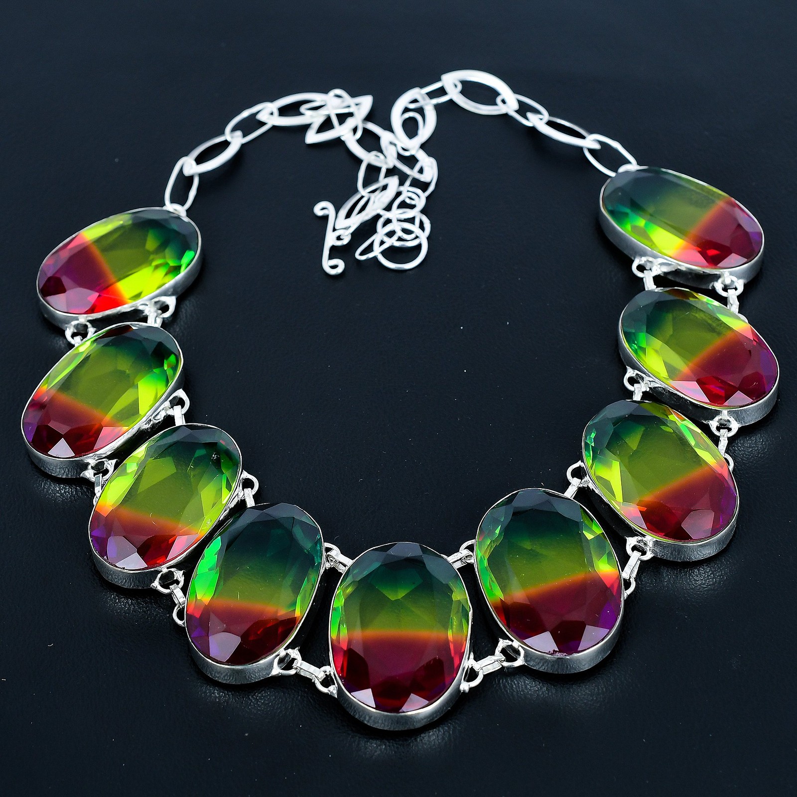 Multi Tourmaline Oval Gemstone 925 Sterling Silver Jewelry Necklace 18″ VJ 1407