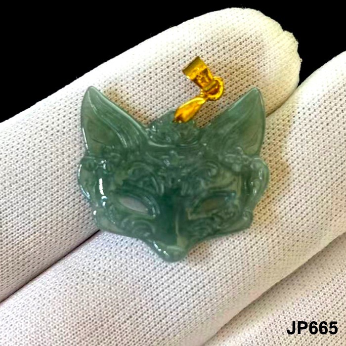 Natural Green Jade Jadeite Carved ‘FOX MASK’ Pendants Charms, Free Necklace