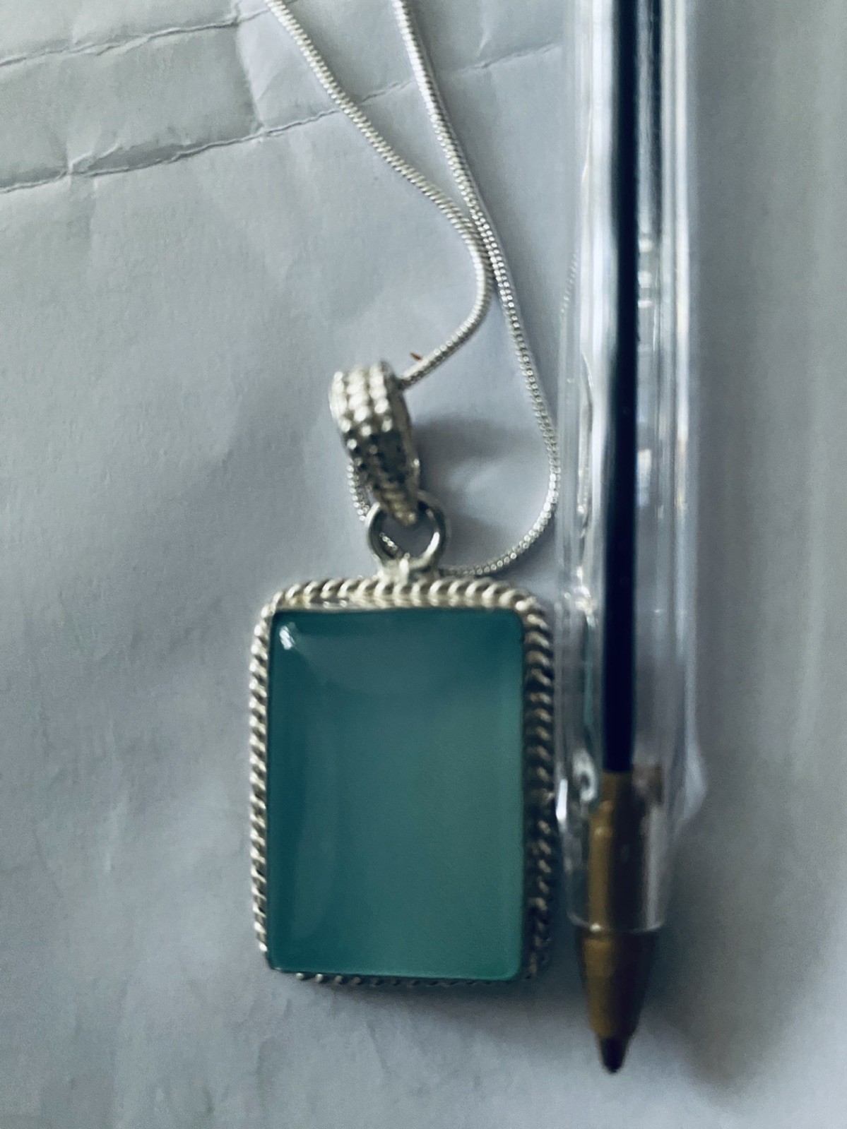 Vintage big Aqua Chalcedony Pendant 925 Silver 20”chain.4×2.5cm UK Seller VGC
