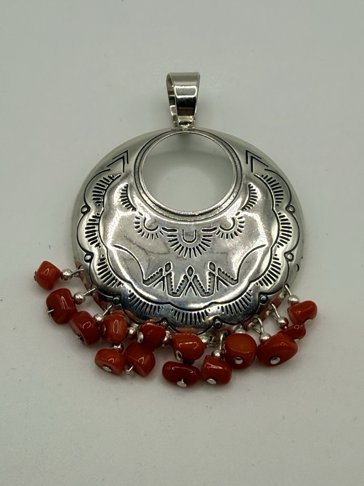 Southwestern Sterling Silver Pendant Quoc QT 925 Red Coral Nugget Dangle Etched