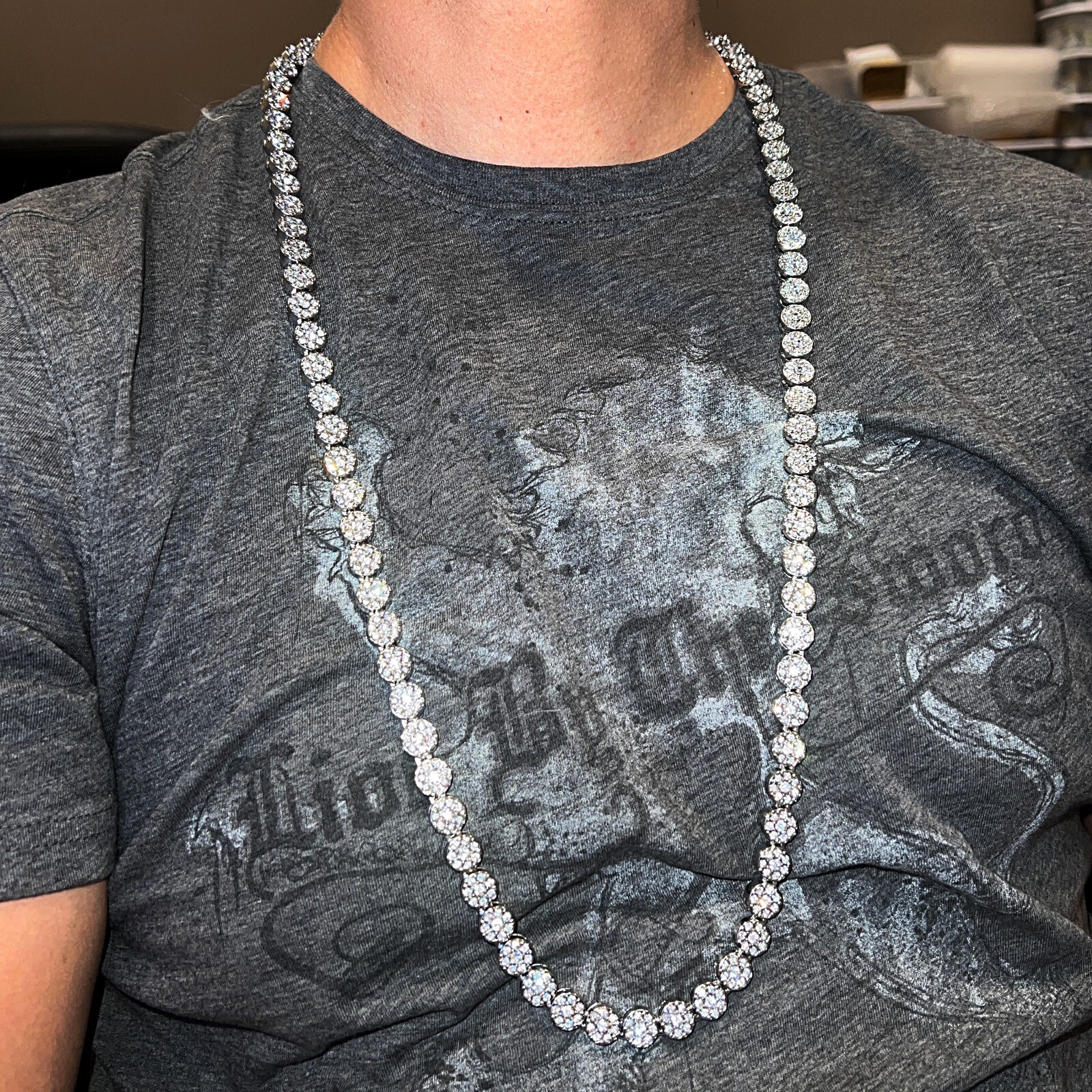 Men’s Flower Cluster Hip Hop Chain CZ Iced Bling Out One Row Silver Tone 36″
