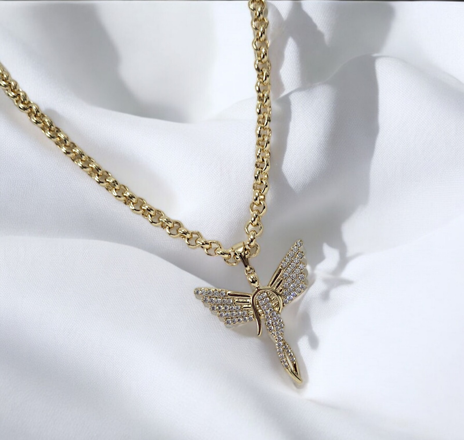 Gold Angel Pendant, Silhouette Angel Wings on 5mm Belcher Chain 30″ 9ct Guilded