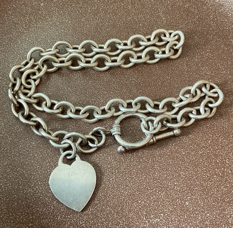 Vtg Heavy Chunky 925 Sterling Silver Heart Charm Toggle Rolo Chain Necklace 18”