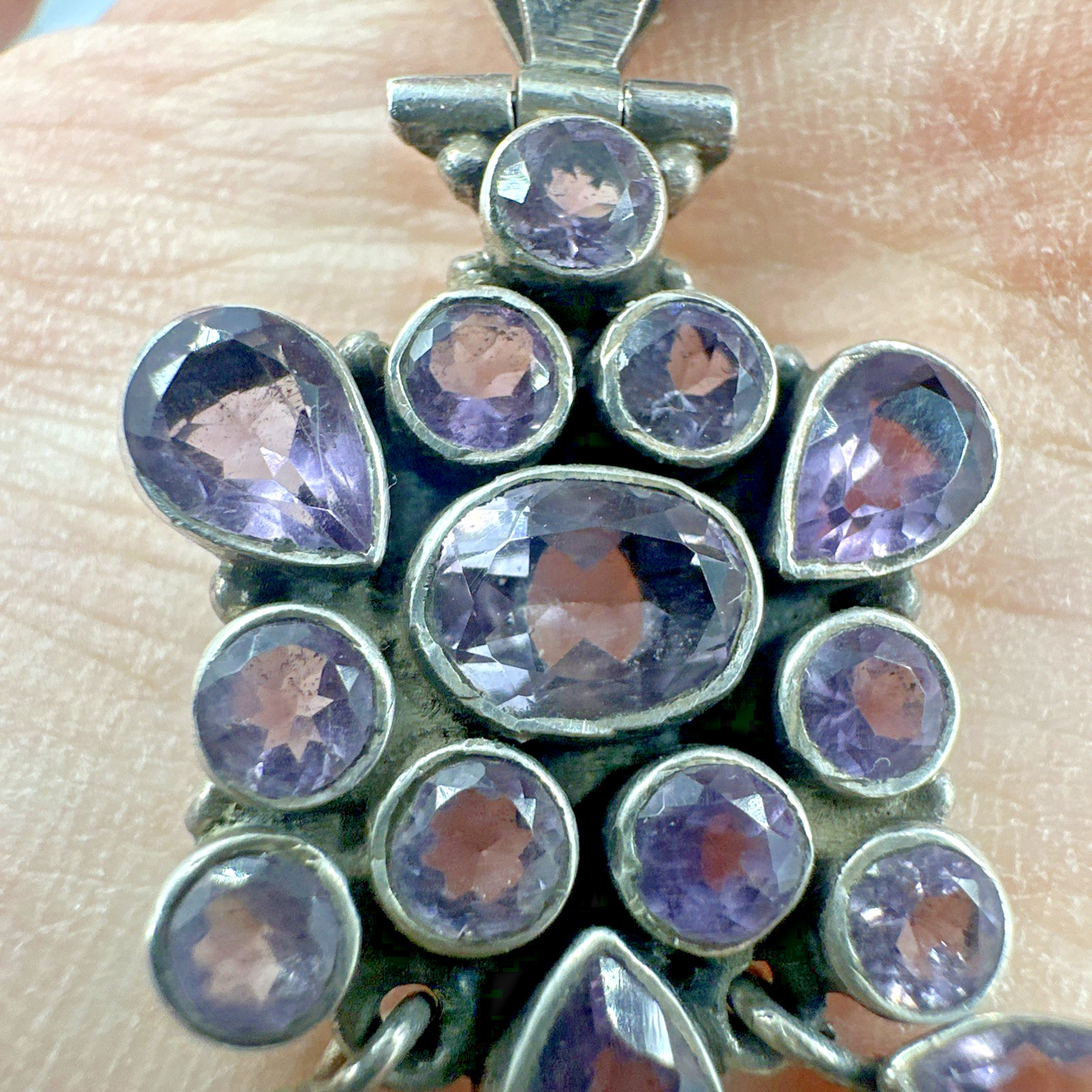 Vintage Amethyst Handmade Sterling Silver Cluster Pendant on 18″ 925 Necklace