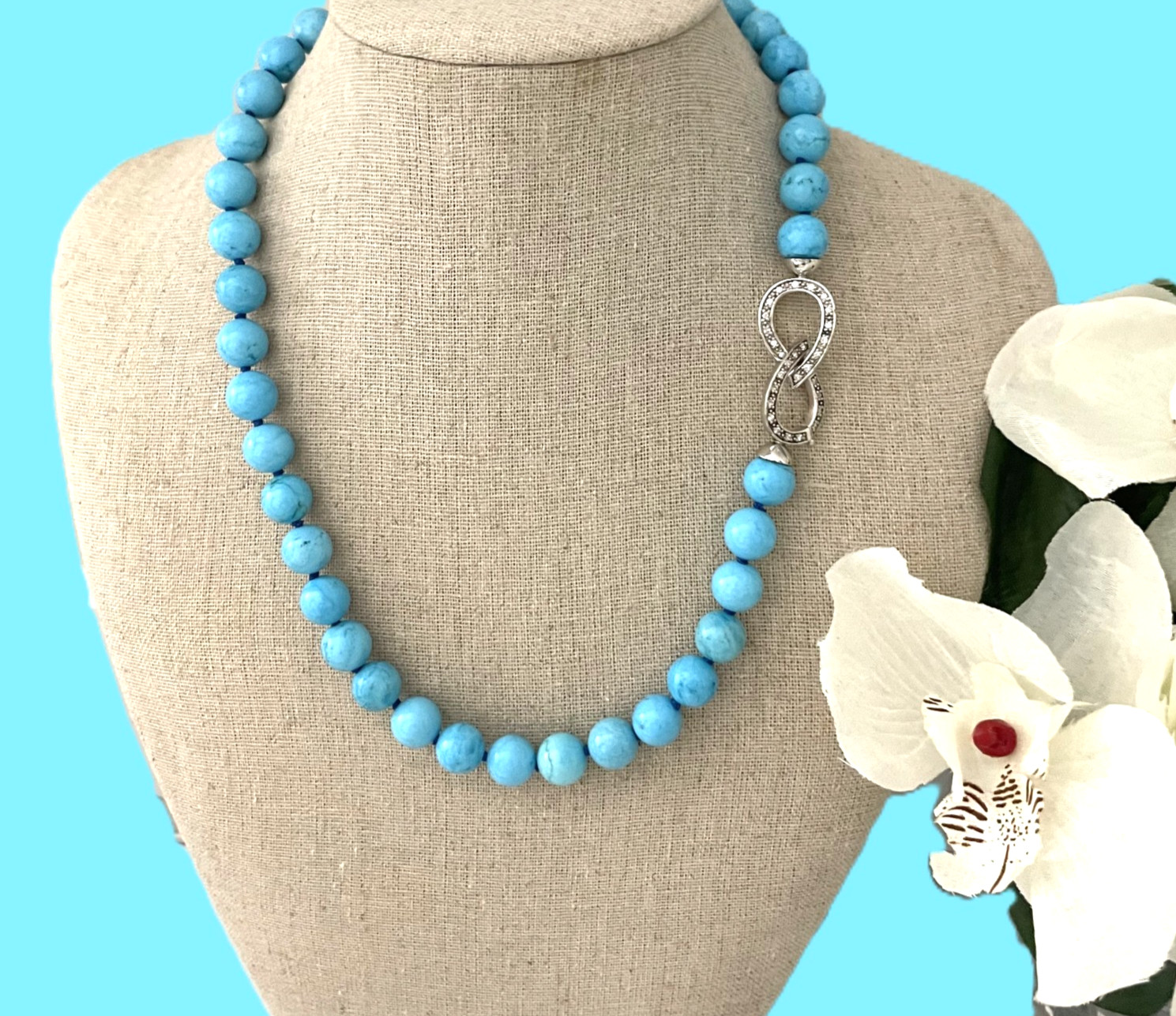 10-10.5MM TURQUOISE NECKLACE W/STERLING SILVER CLASP & PAVE CZ