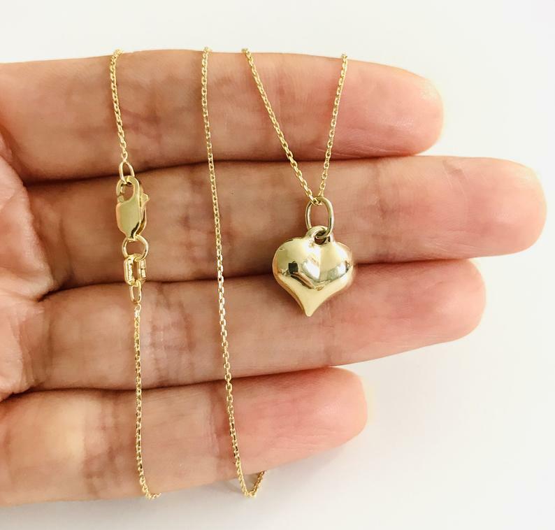 10K Real Gold Puffy Heart 15mm / 0.59″ Pendant, 3-D Puffy Heart Necklace – C2907