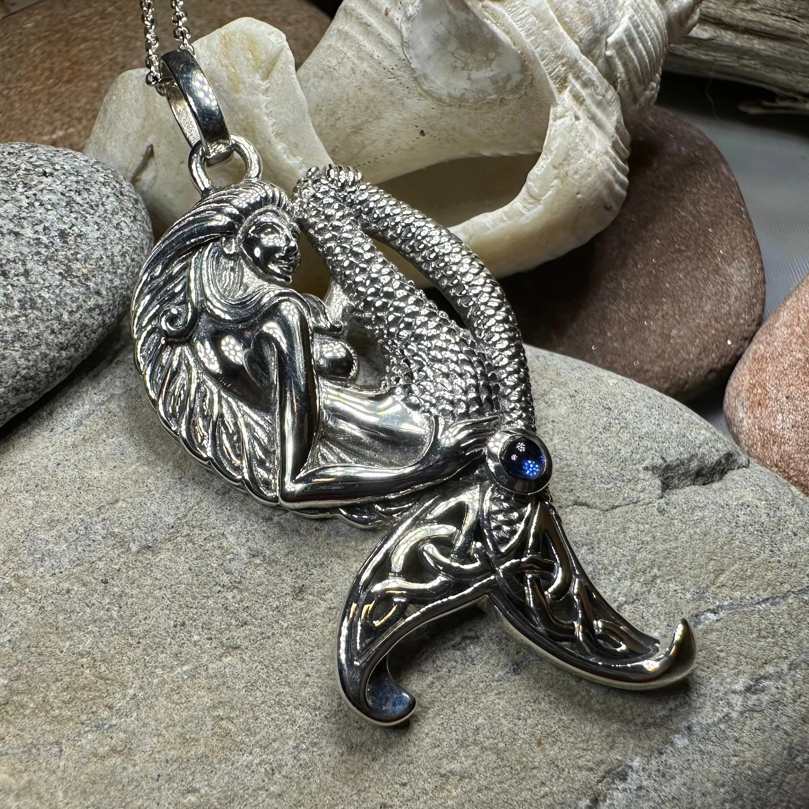 Celtic Mermaid Necklace in Sterling Silver 925 Large Nautical Beach Pendant