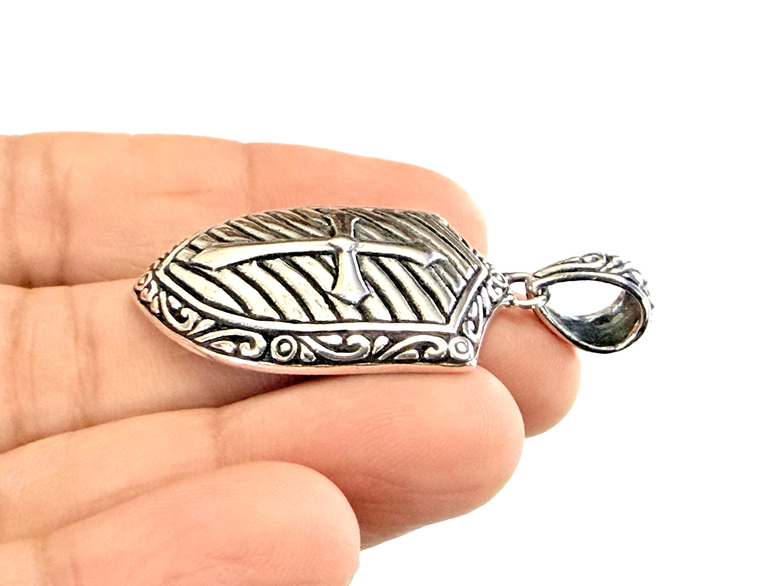 925 Sterling Silver Cross Shield Rib Cage Pendant Religious Faith Charm