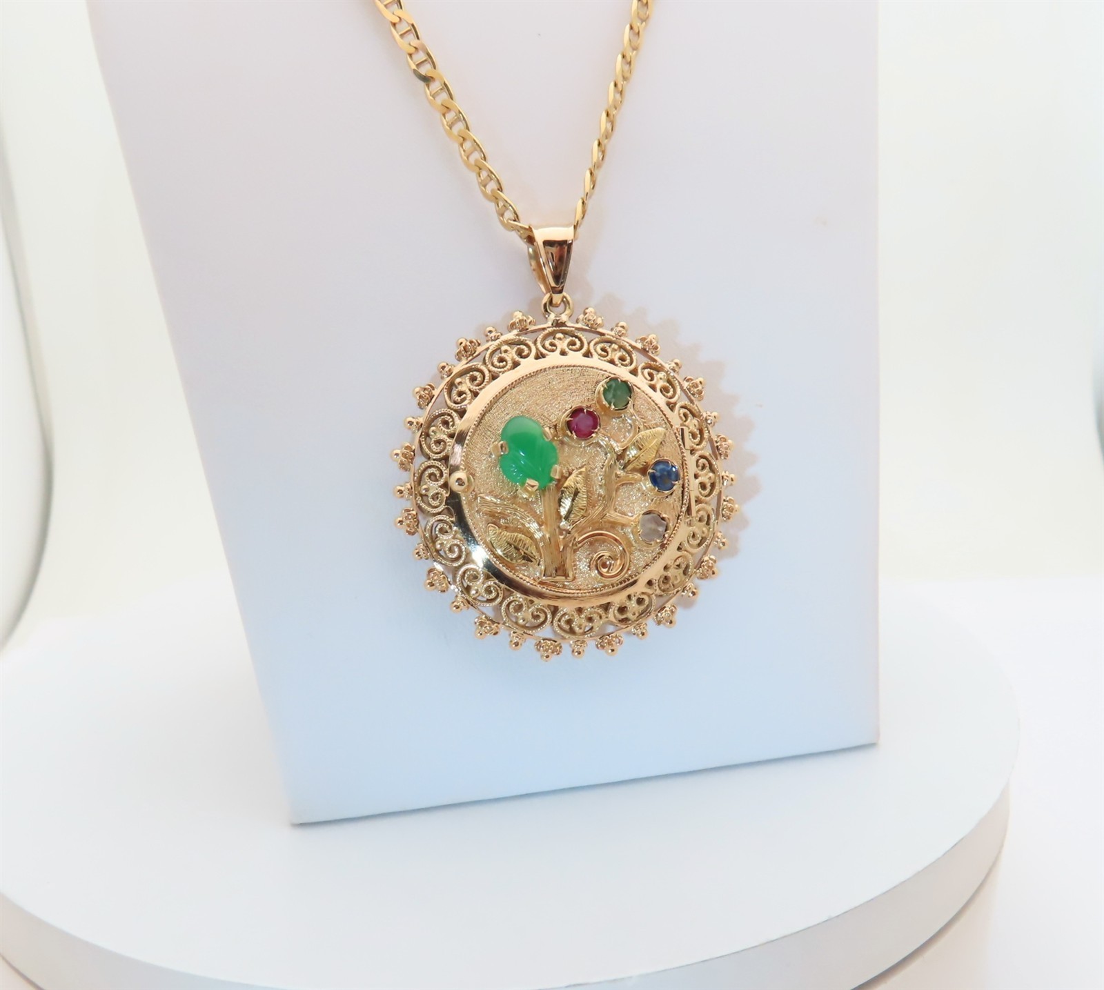 18K Antique Filigree Necklace Pill Box Stash Reversible Locket Gemstone 23″ N437