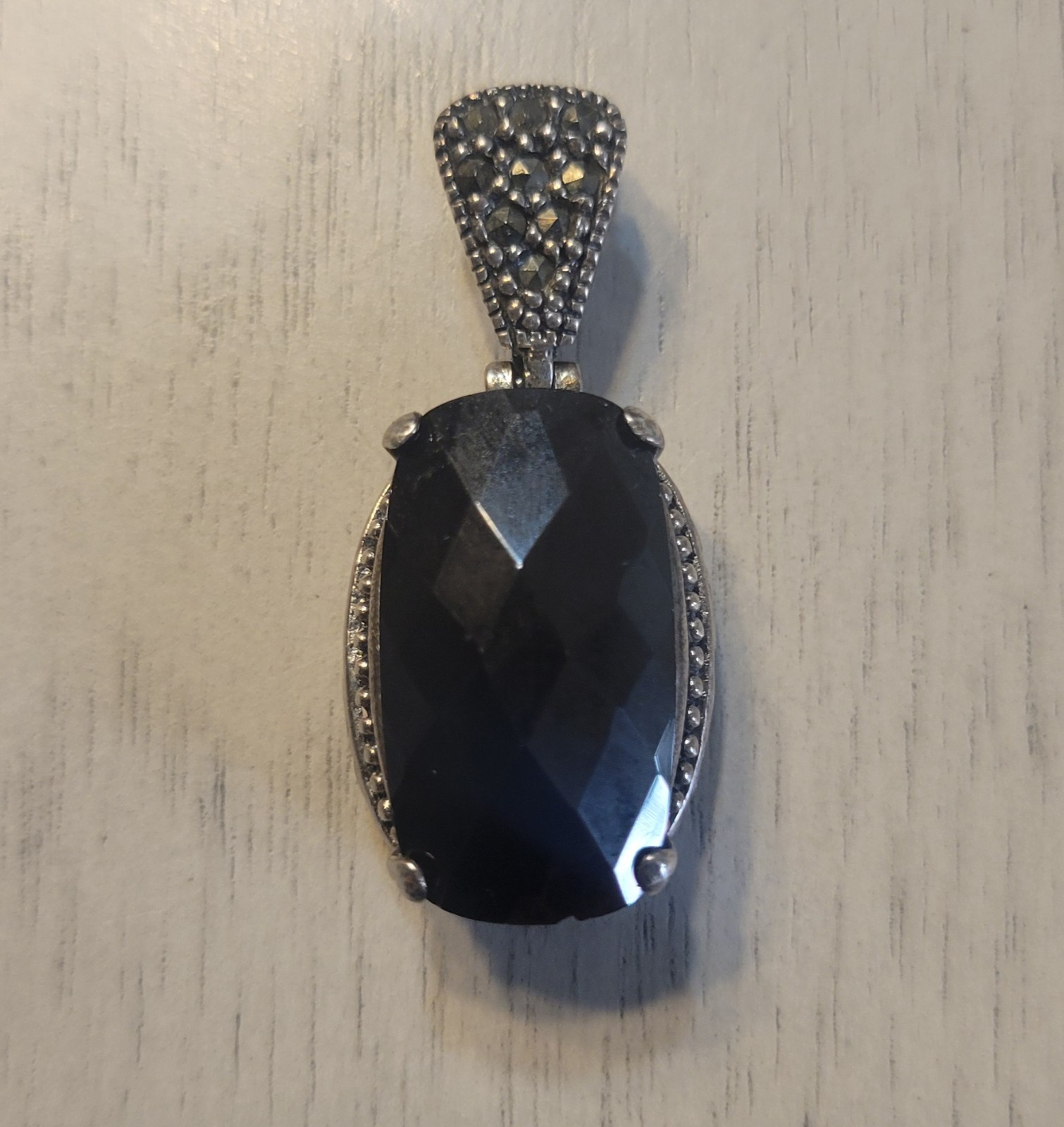 Marcasite and Faceted Onyx Pendant Sterling Silver Stamped Women’s Jewelry