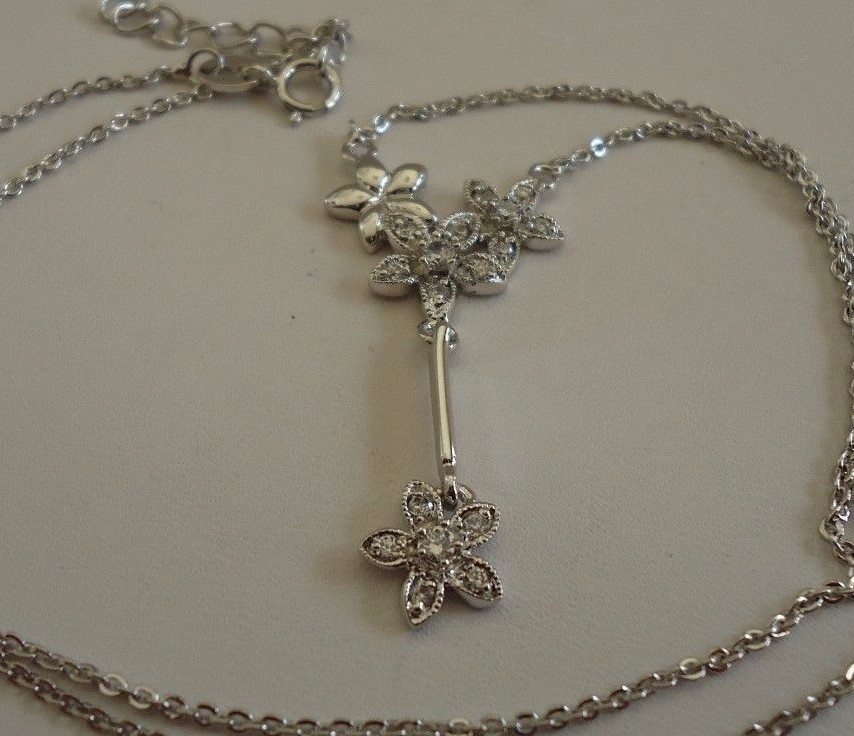 925 STERLING SILVER FLOWER DANGLING PENDANT NECKLACE W/ .75 CT ACCENTS/18”CHAIN